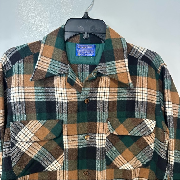 Vtg Pendleton Wool Flannel M Green Brown Plaid Loop Collar Heritage Americana 70 - Picture 3 of 6